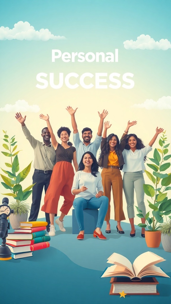 A diverse group of people celebrating success with symbols of growth and achievement.